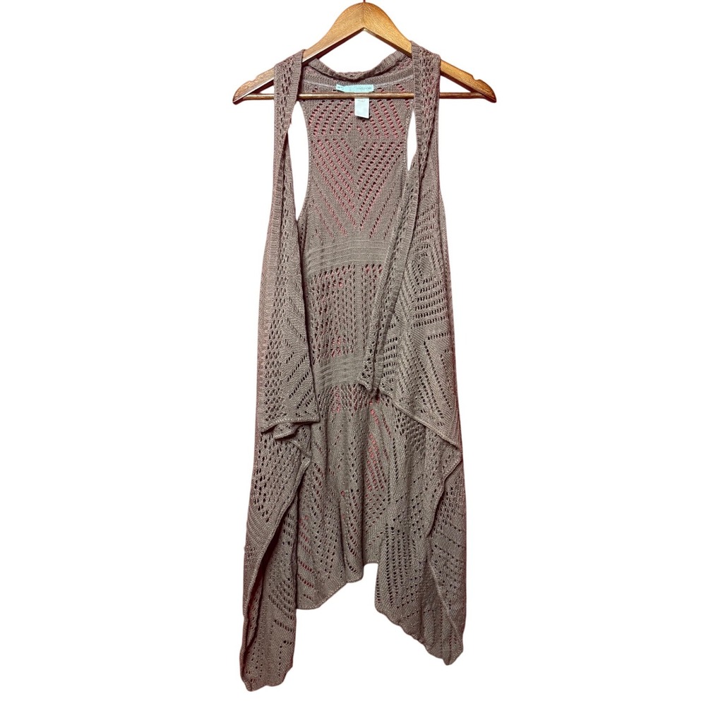 Maurices Crochet Vest Women S/M Taupe Excellent Longline Open Front Knit Boho